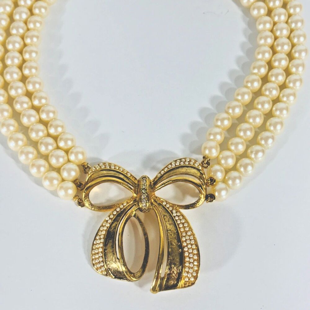 Pearl Bow Necklace 1928 Three Strand Gold Tone Rhinestones 16" Bridal Prom Event
